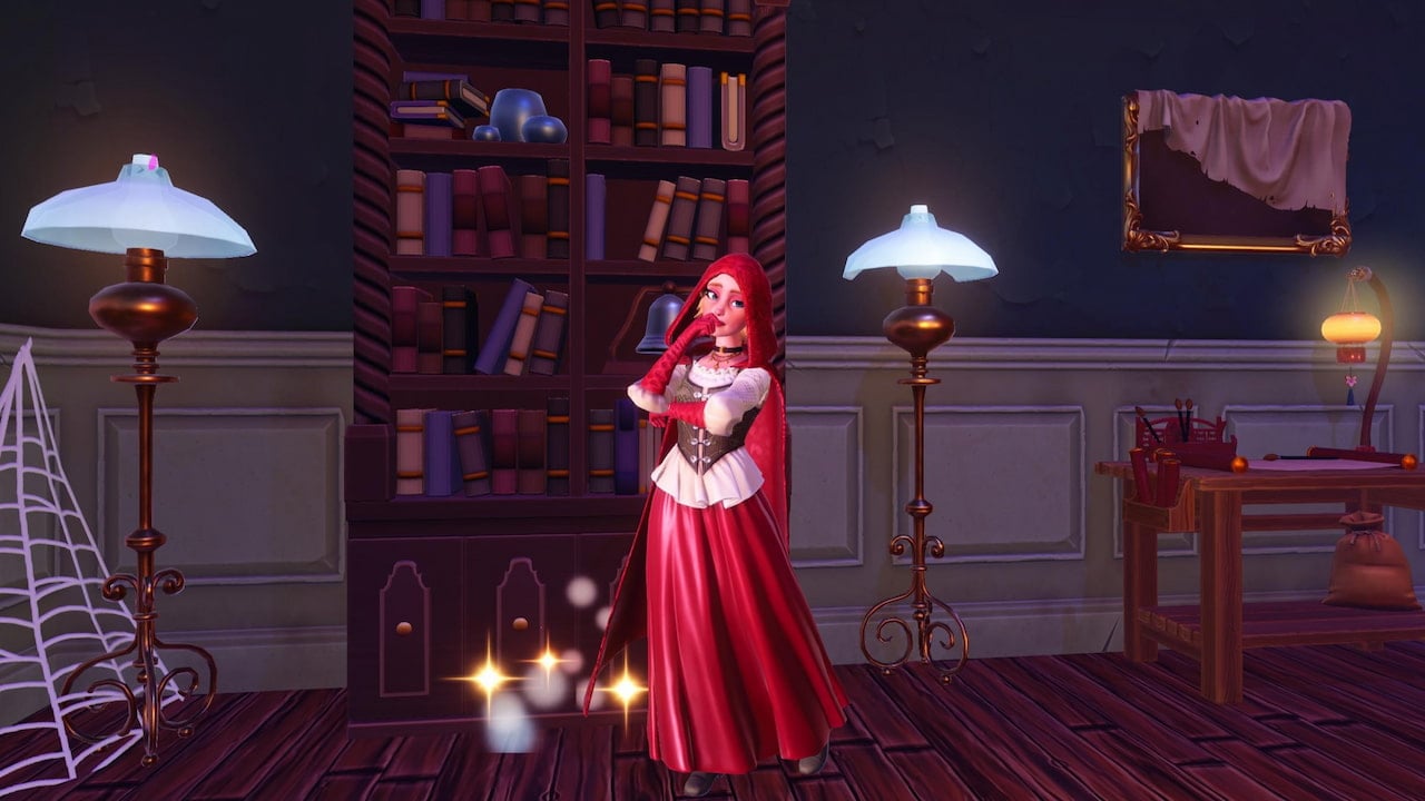 Player standing by bookshelf in disney dreamlight valley