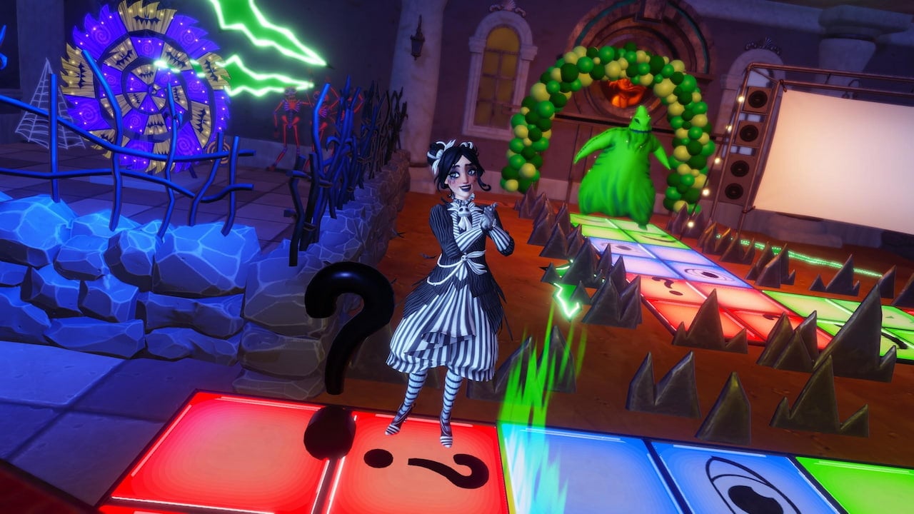 Player standing on oogie boogie quiz board in disney dreamlight valley