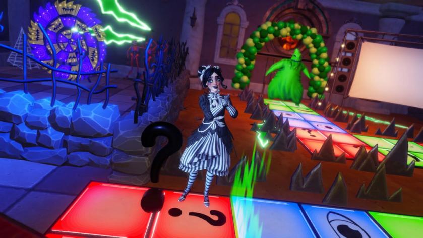 Player standing on oogie boogie quiz board in disney dreamlight valley