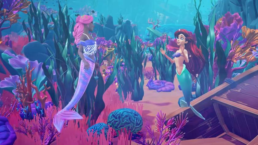 Player swimming underwater with ariel in disney dreamlight valley