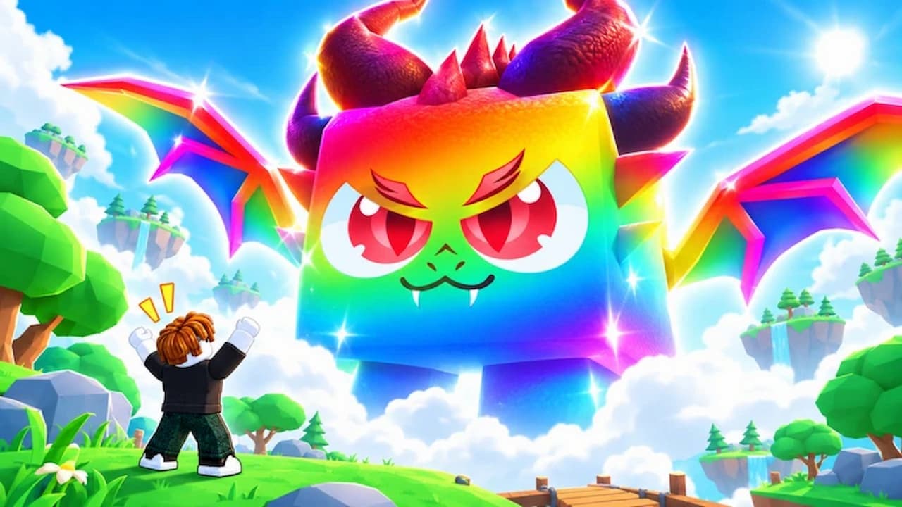 Tap Simulator Reborn game artwork showing a Roblox character facing a giant rainbow-colored winged pet floating above a bright fantasy landscape.