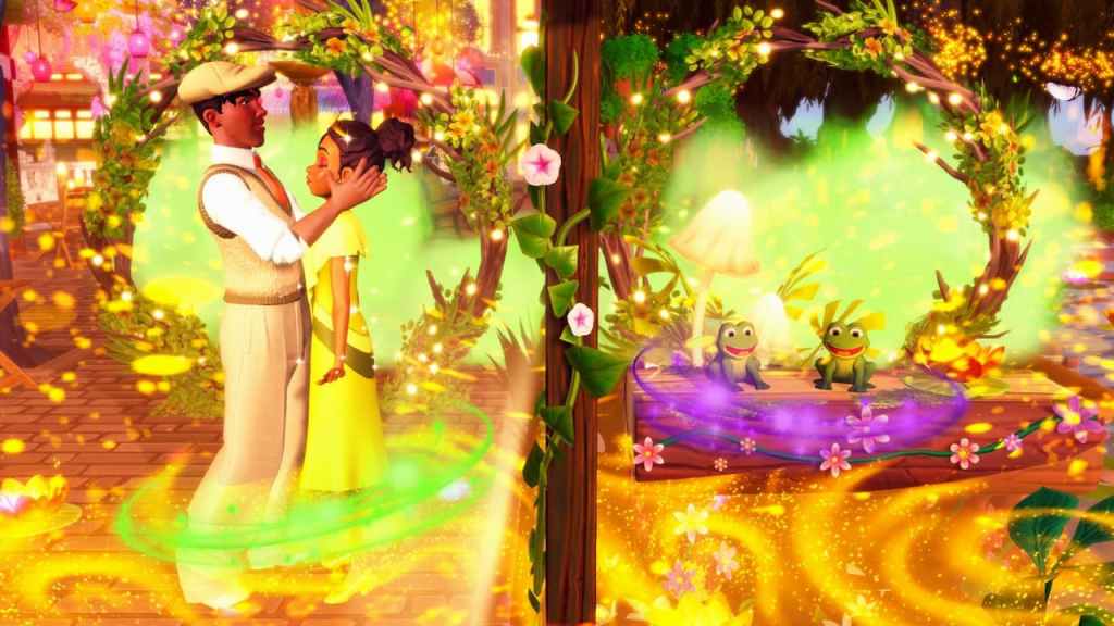 Tiana and a player dressed as prince naveen transforming into frogs in disney dreamlight valley