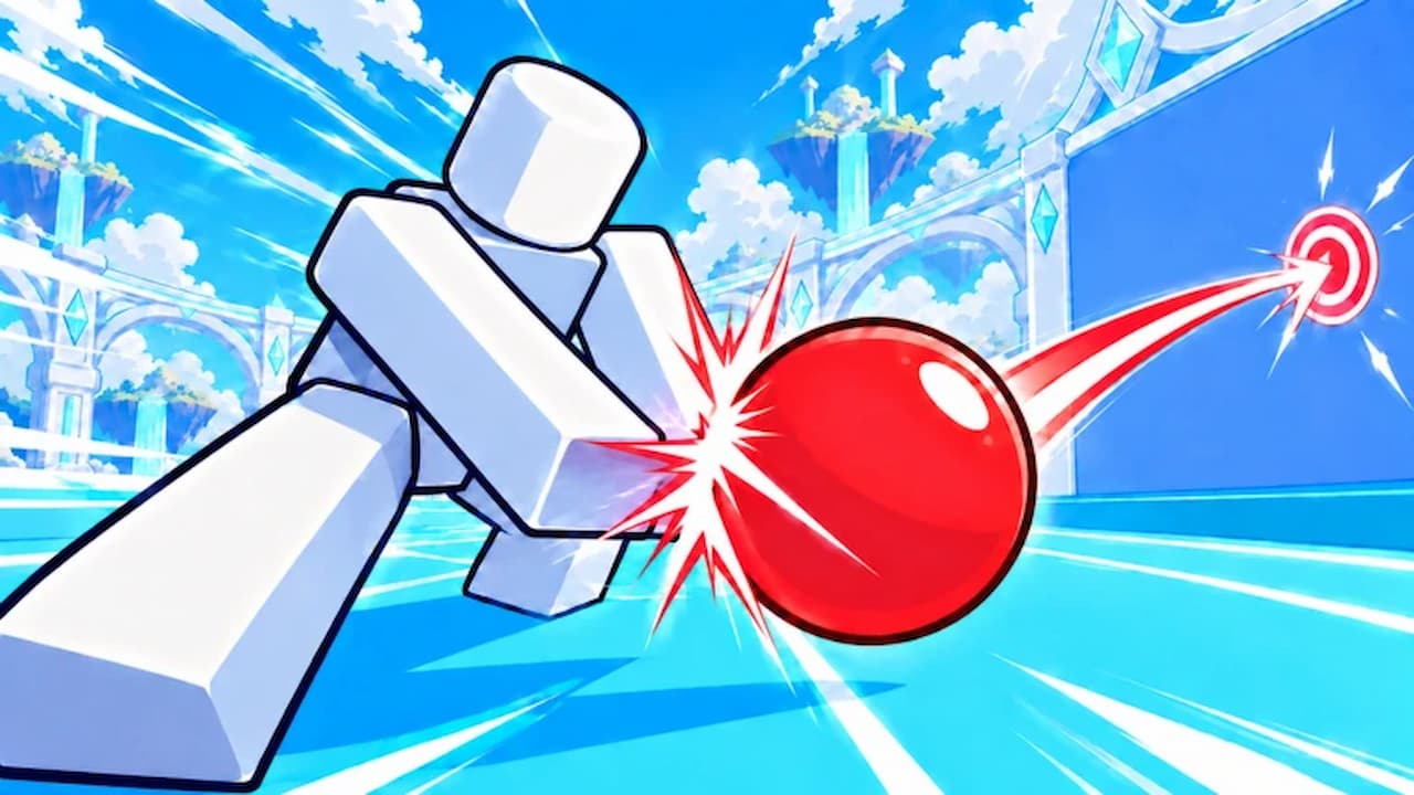 Wall Ball codes Roblox artwork showing a player deflecting a red ball toward a target in a bright blue arena.