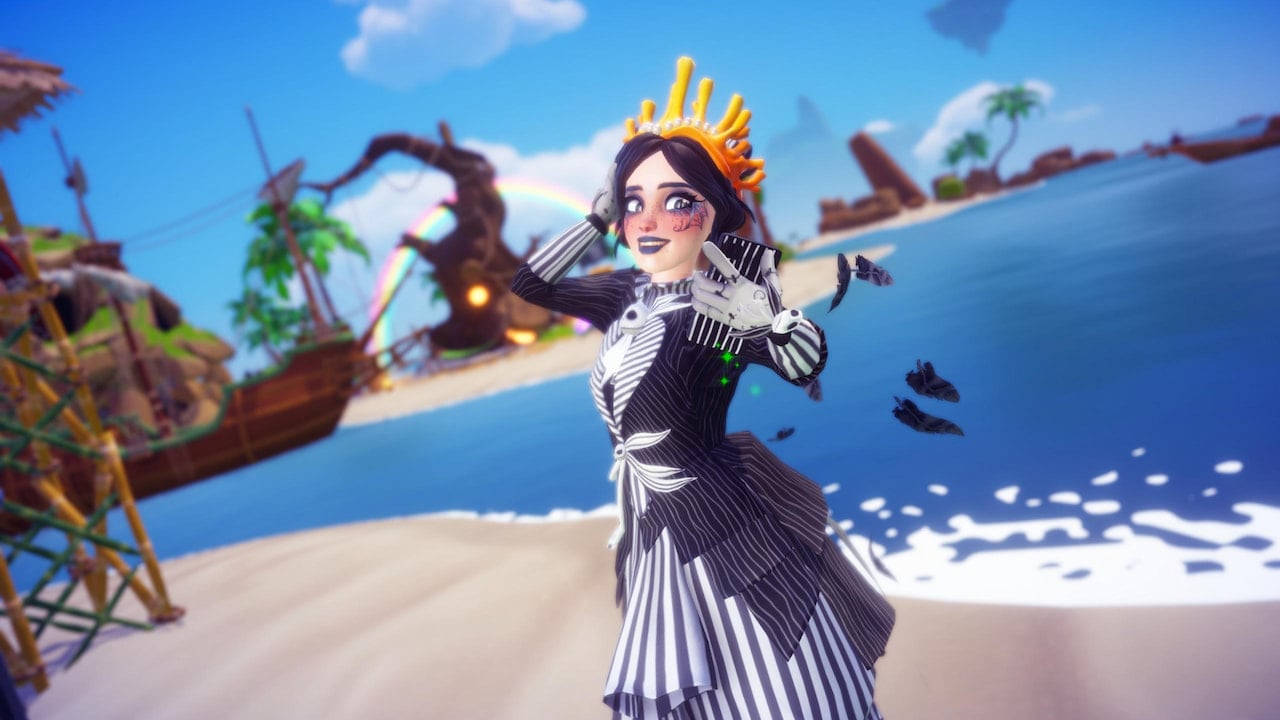 Player wearing coral crown posing on beach in disney dreamlight valley