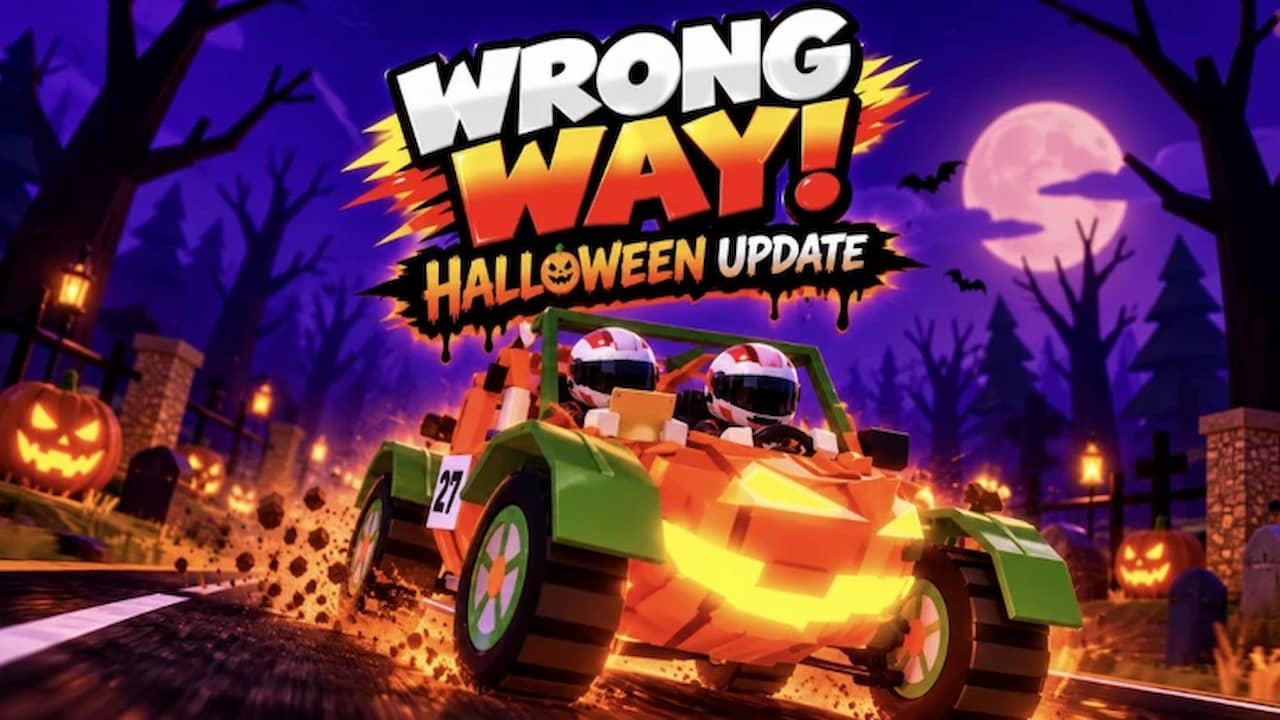WRONG WAY game artwork showing two Roblox racers driving a Halloween-themed off-road car through a spooky track, with pumpkins, bats, and the WRONG WAY Halloween Update logo above.